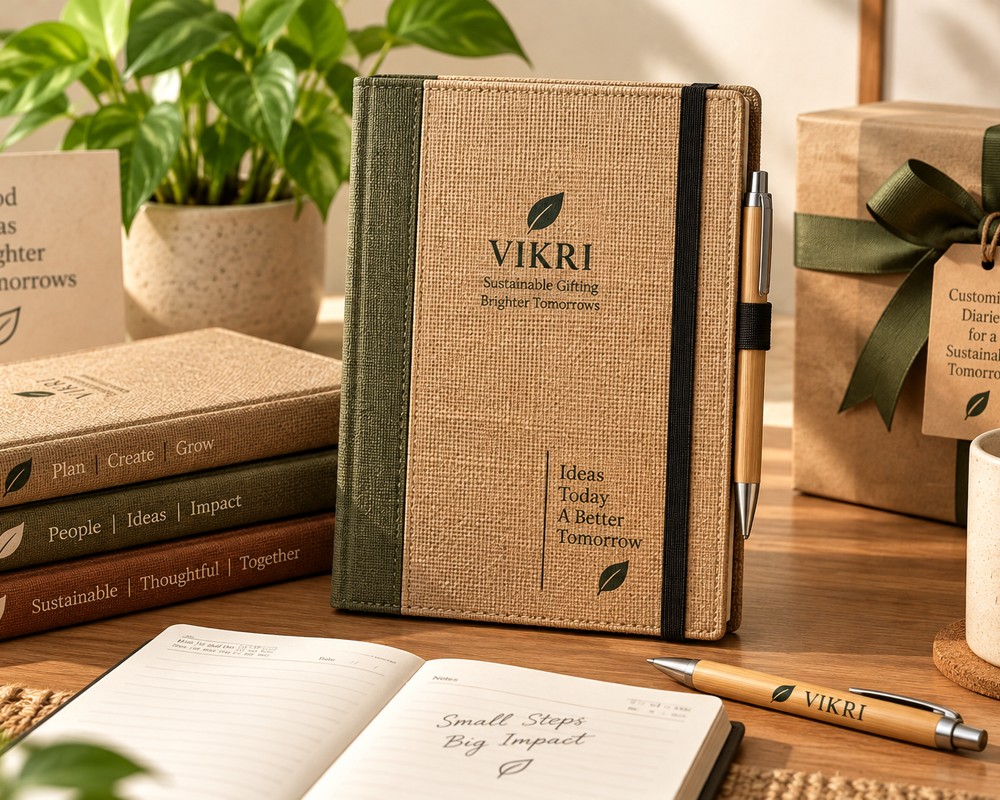VIKRI diary and pen beside a ribboned anniversary gift box