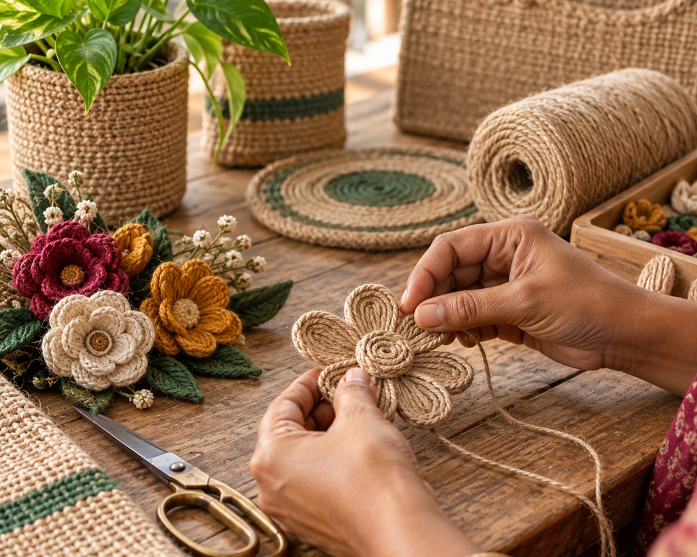 Artisan hands at work on a handmade jute product