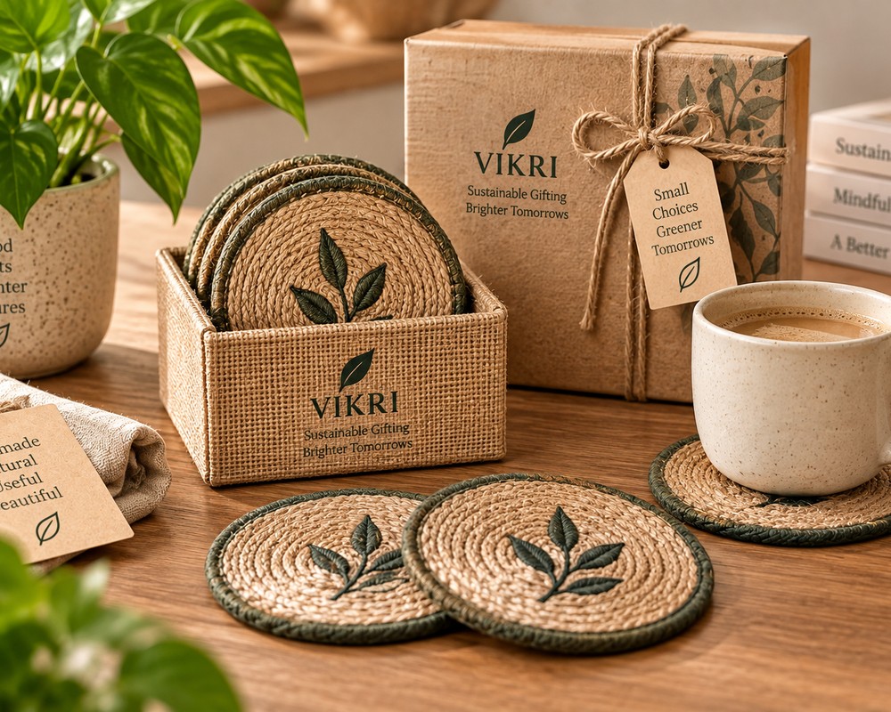 VIKRI coaster set and gift box arranged on a desk with a mug