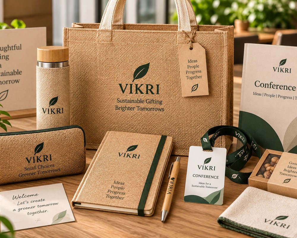 Branded VIKRI conference kit with tote bag, bottle, notebook, lanyard and badge
