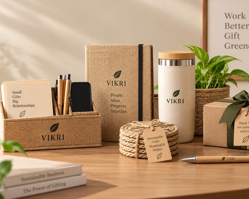 VIKRI-branded desk organizer, diary and tumbler set styled on an office desk