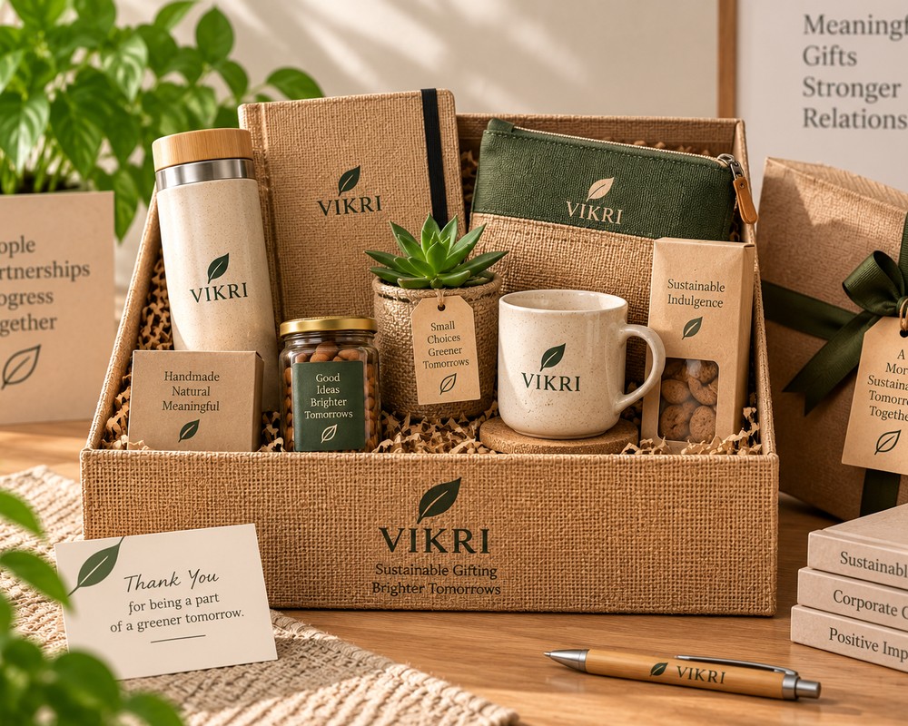 VIKRI branded corporate gift hamper box with bottle, diary, pouch, mug and treats
