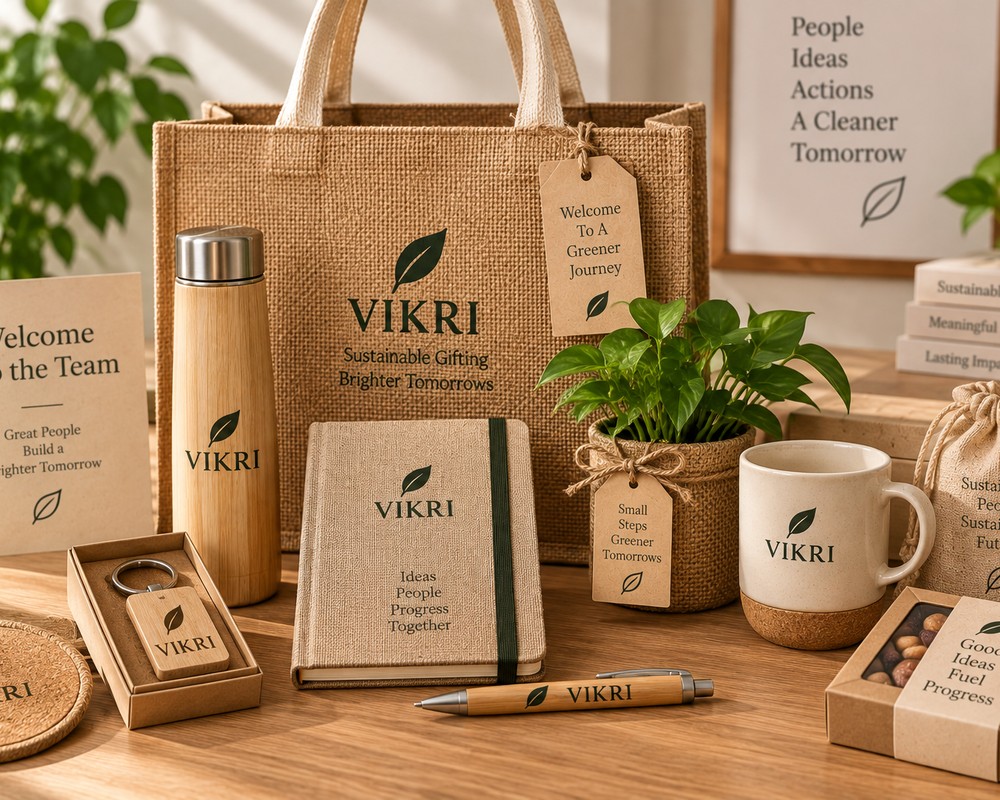 VIKRI welcome kit with tote bag, water bottle, diary, mug and keychain