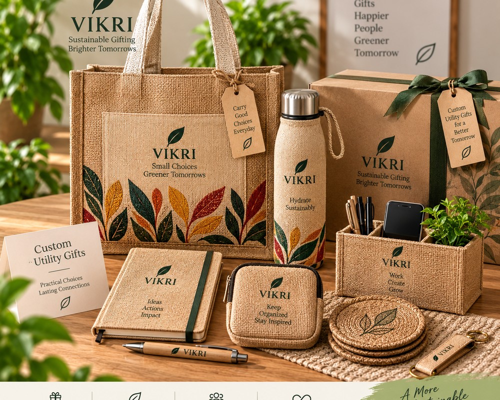 Collection of VIKRI tote bag, bottle, diary, pouch and coasters styled together