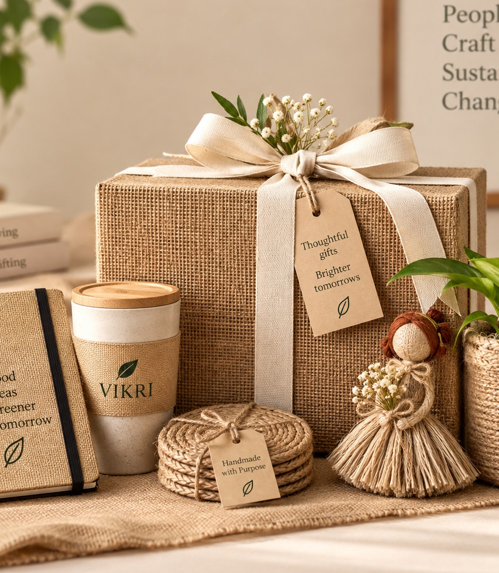 Handmade jute gift hamper styled with sustainable packaging