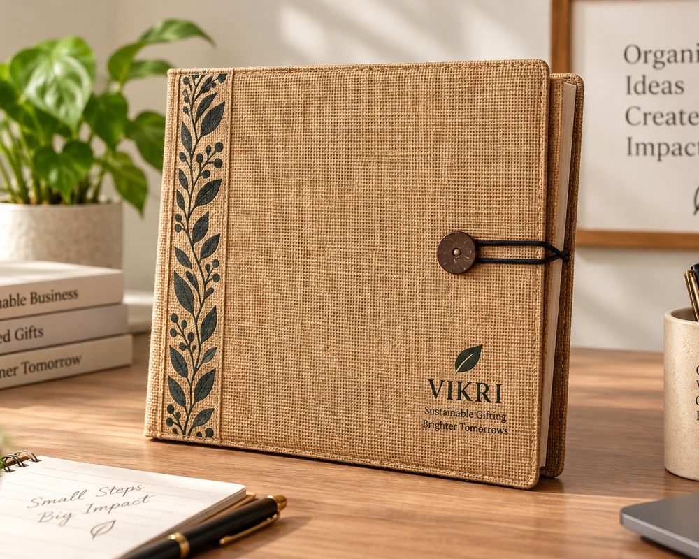 Close-up of a VIKRI jute diary with a hand-printed leaf motif