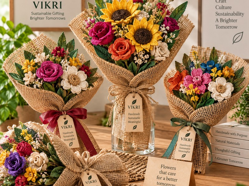 Handmade VIKRI jute flower bouquets displayed together