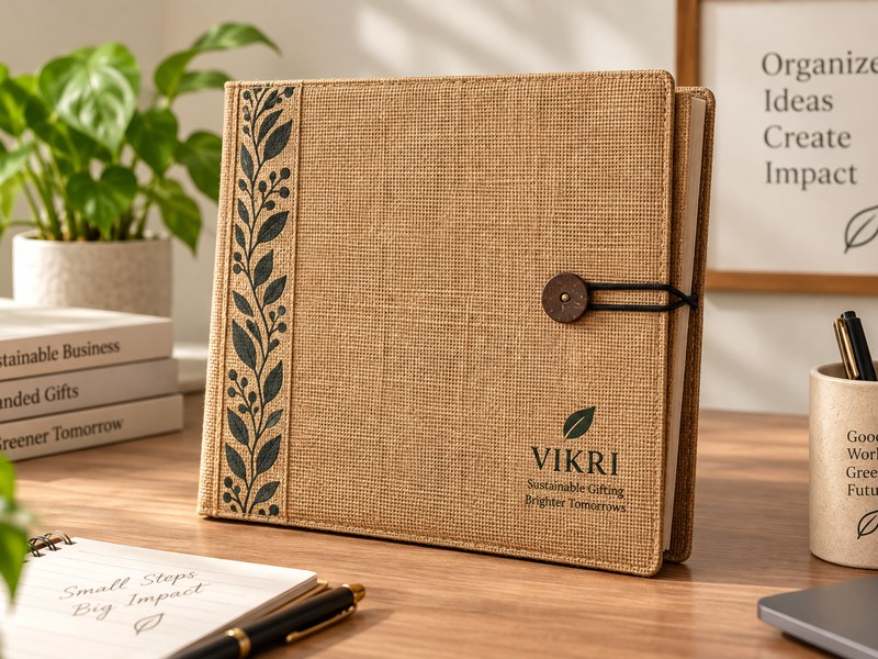 VIKRI branded jute diary with a hand-printed leaf motif