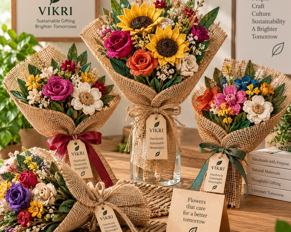 Four handmade VIKRI jute flower bouquets displayed together on a table