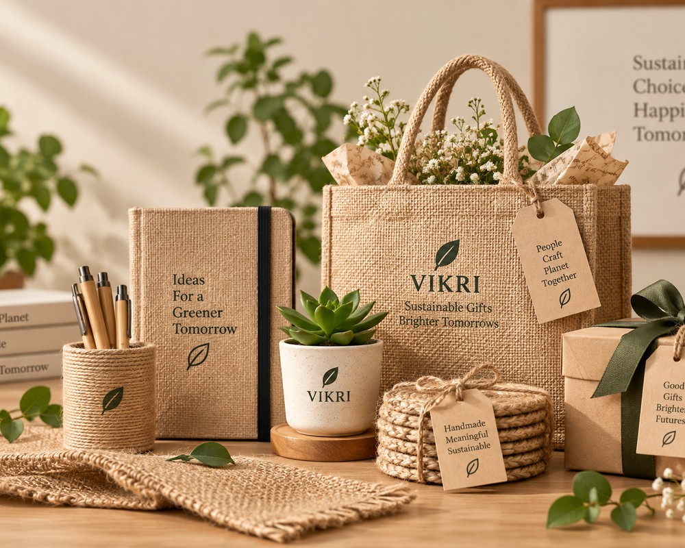 VIKRI jute tote bag with flowers, a ribboned gift box and a potted succulent